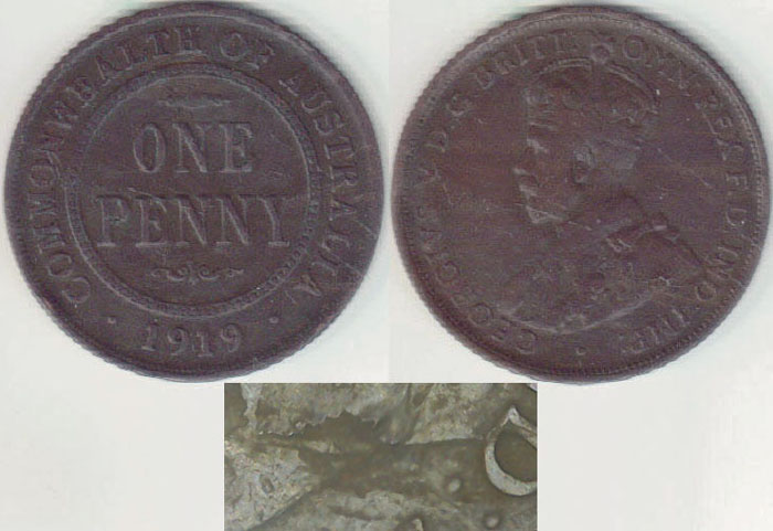 1919 dot under Australia Penny (lamination) A003005